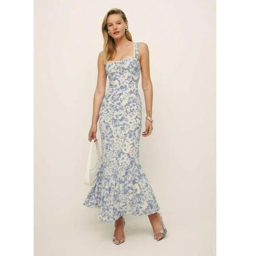 Reformation Blue and White Floral Square-Neck Maxi Dress